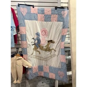VTG Quilt Baby Blanket Girl Riding Horse Pink‎ Blue Gingham Heart Applique as is